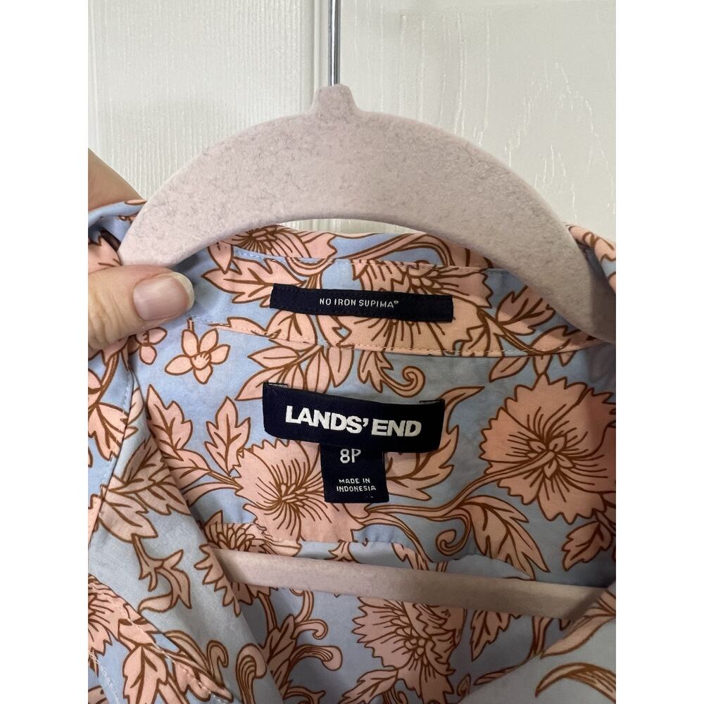 Lands'End Women’s Blue Peach Floral Supima Cotton Button Up Shirt Size 8p Petite - Picture 3 of 11